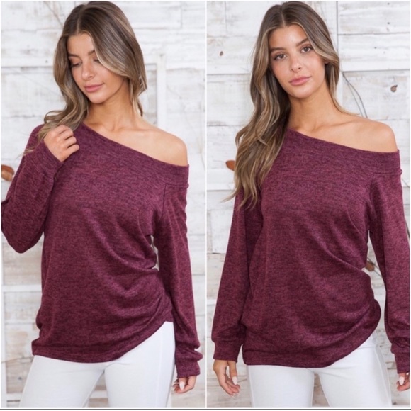 (32)New USA MADE Burgundy Ultra Soft Off Shoulder Women's Everyday Top - Picture 2 of 3